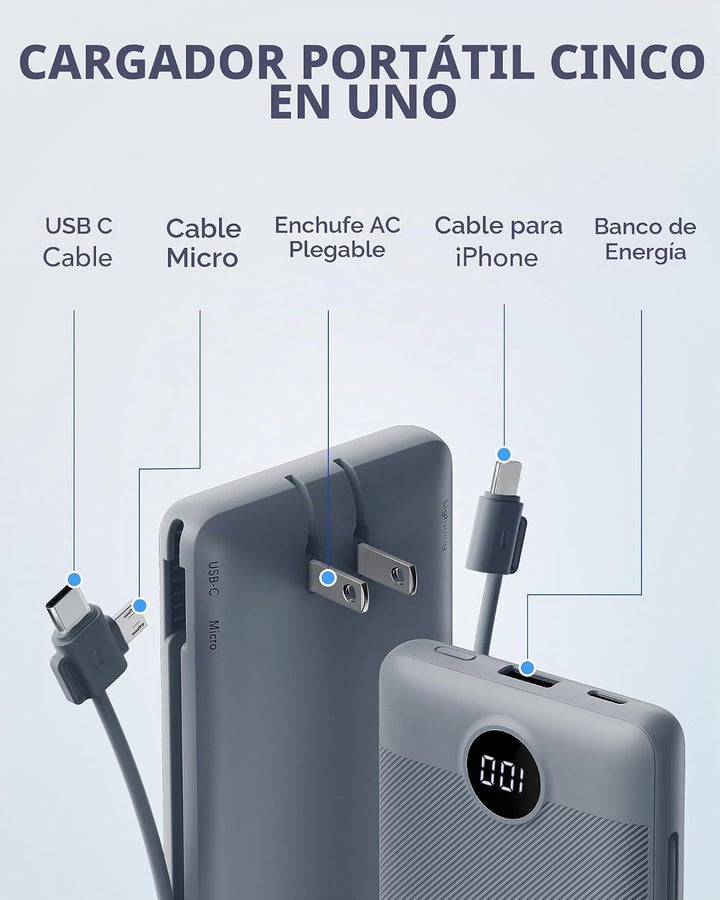 VRURC Cargador portátil con cables integrados y enchufe de pared AC...