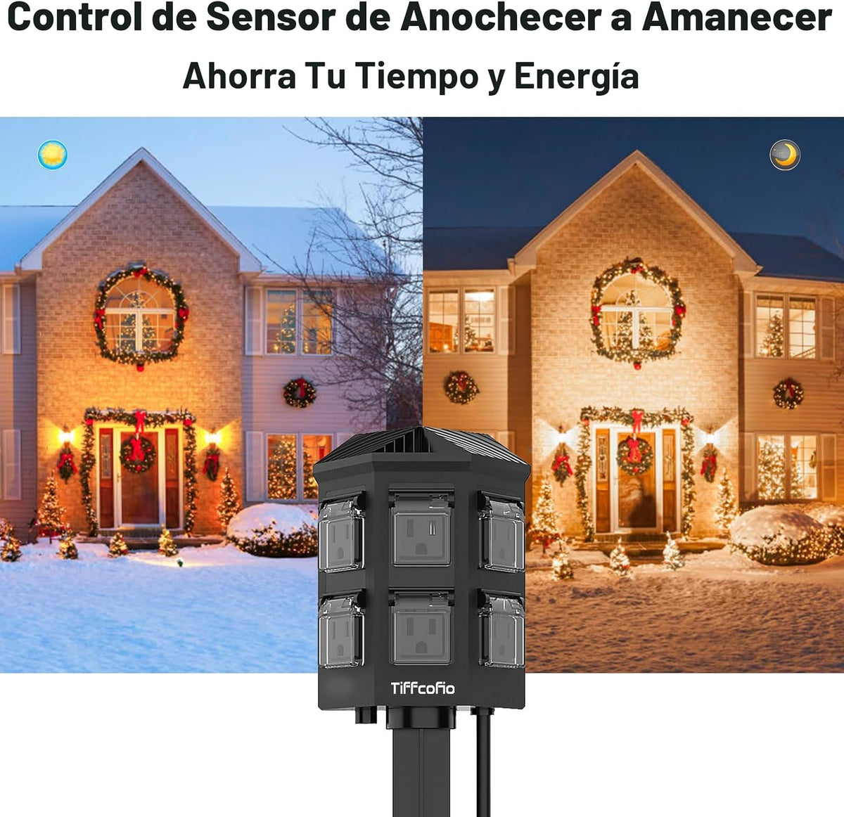 Regleta de alimentación para exteriores con cable de extensión de 25 pies, control remoto de 100 pies, temporizador de luz del atardecer al amanecer, impermeable, 6 tomas de tierra para patio