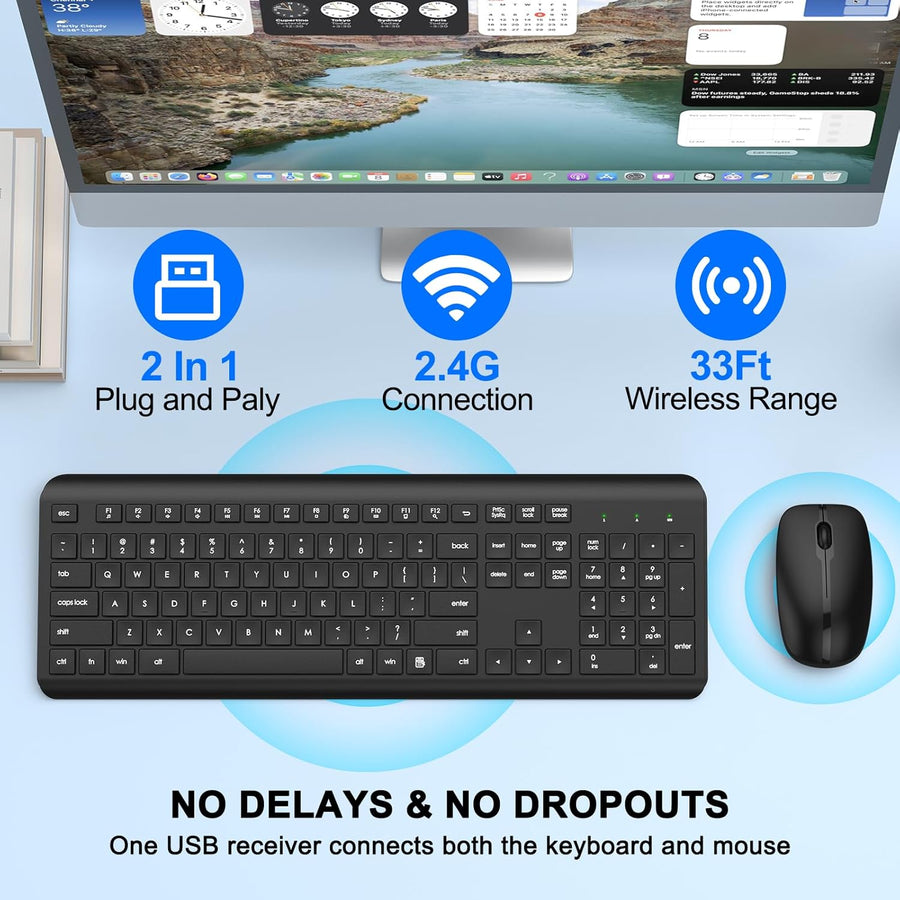 Combo de teclado y ratón inalámbricos, teclado ergonómico silencios...