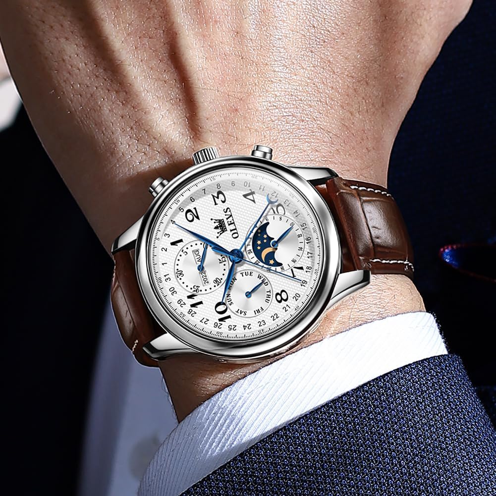 OLEVS - Relojes automáticos para hombre, multicalendario, con fase lunar, 3ATM impermeable, reloj de lujo clásico para negocios, de pulsera