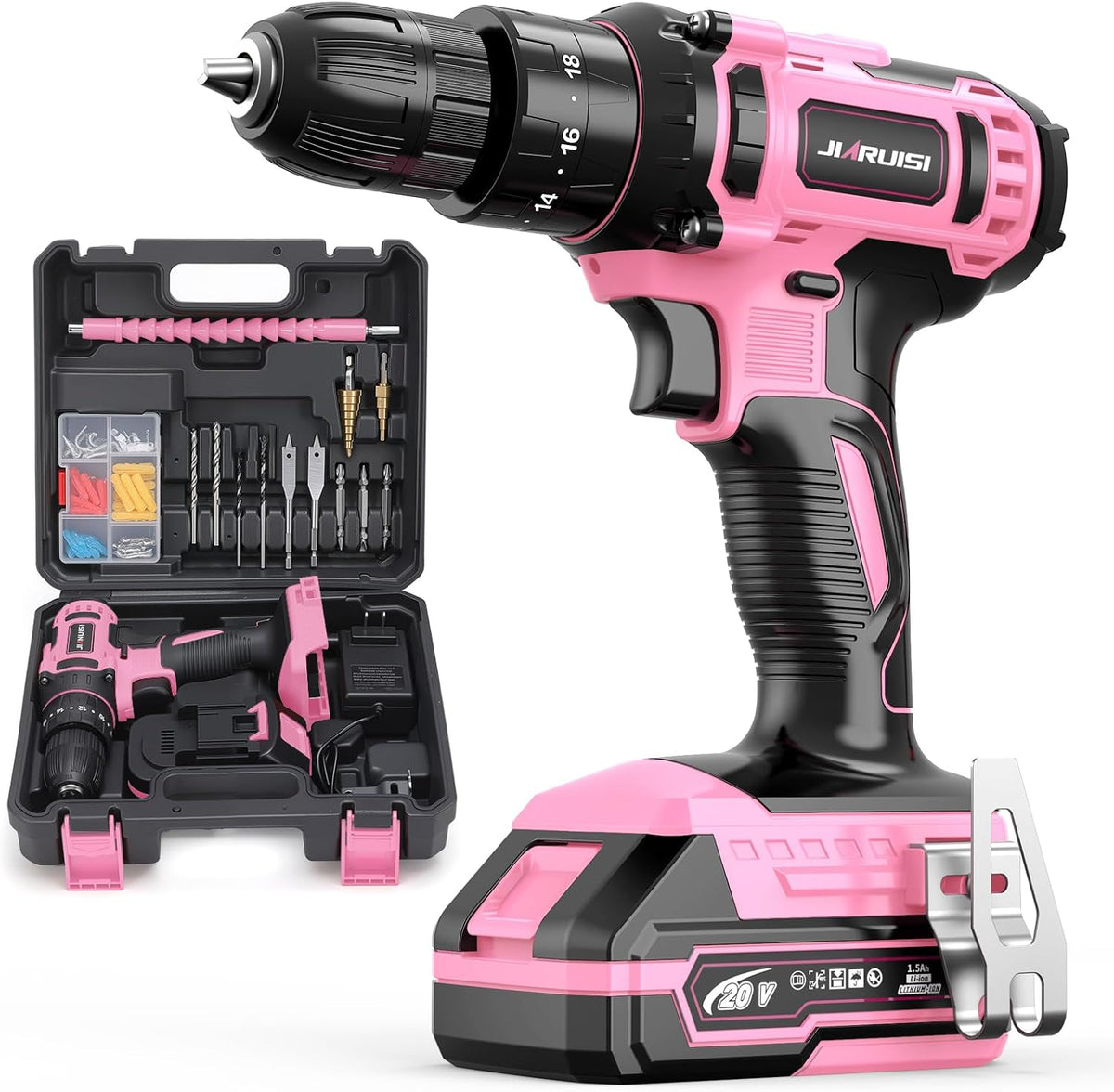 Taladro inalámbrico de 20 V, juego de taladro eléctrico con cargador de batería y estuche de transporte, portabrocas sin llave de 3/8 pulgadas, 2 velocidades variables, 18+3 torque, 72 puntas de destornillador y gancho para cinturón, rosa