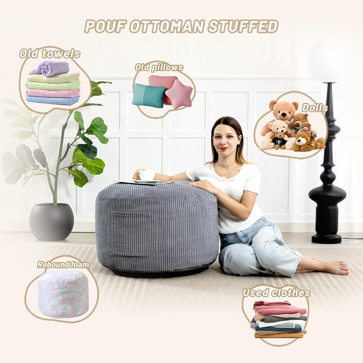 Puf otomano redondo de relleno (gris, 26 pulgadas de profundidad x