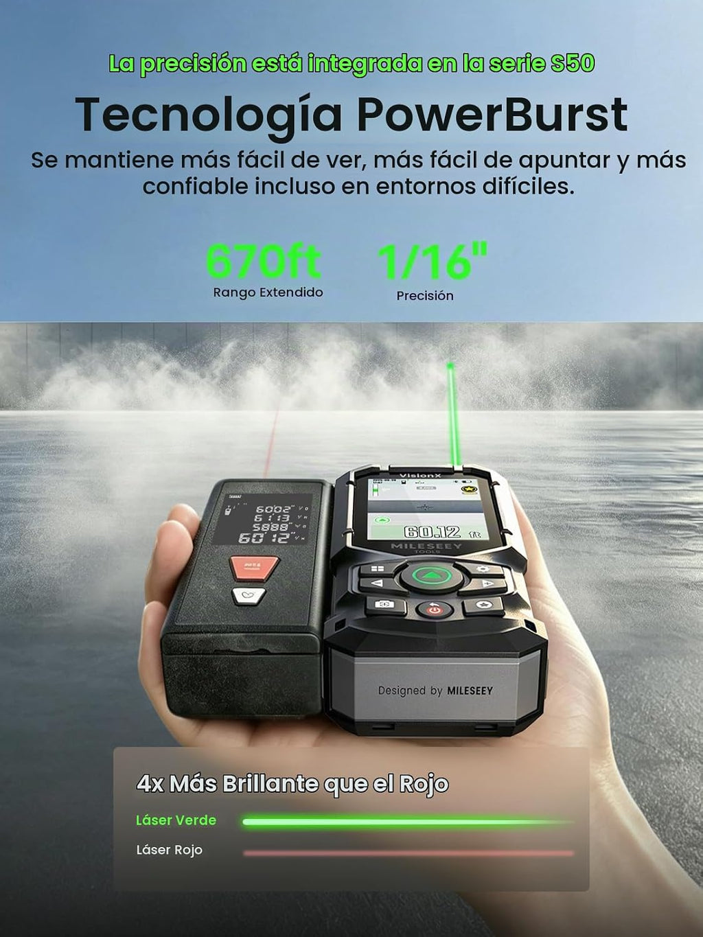 MILESEEY Medidor láser verde S50C con cámara, zoom digital de 8 ×, 670 pies
