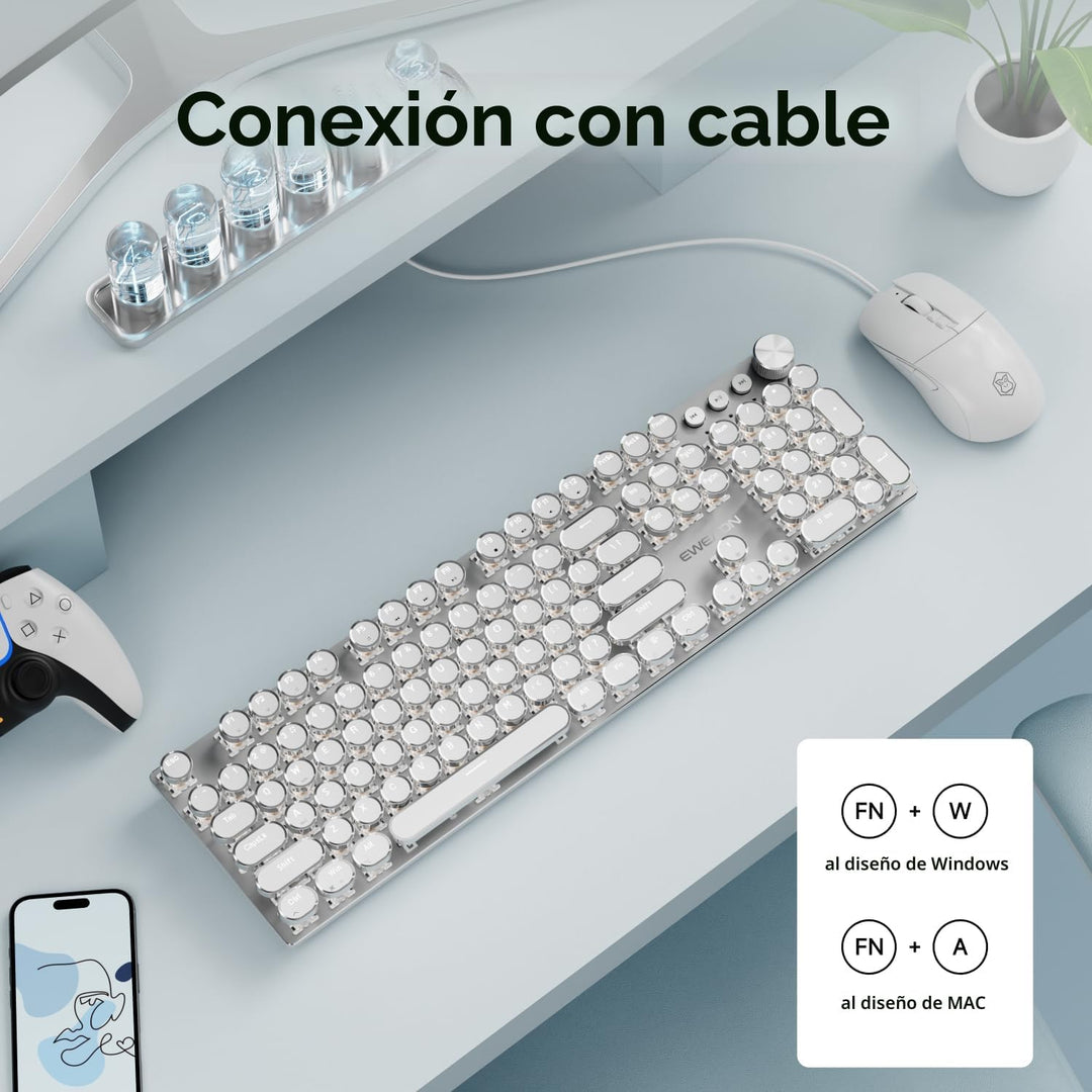 EWEADN - Combo de teclado y mouse con cable, teclado mecánico estil...