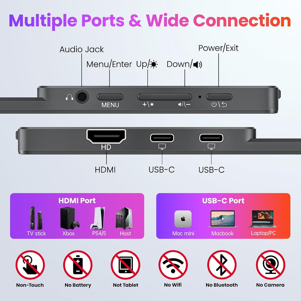 Upperizon Monitor portátil de 15.6 pulgadas FHD 87% sRGB 60Hz IPS HDR HDMI USB-C Monitor de viaje para laptop, MacBook, PC, Surface PS5 Xbox, pantalla externa con soporte y altavoces, compatible con VESA