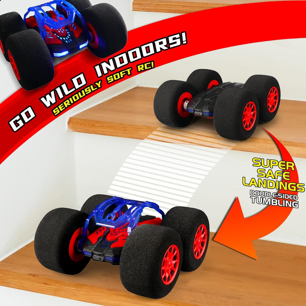 pinkking Coche de control remoto con neumáticos de esponja de gran tamaño, auto RC para interiores y exteriores, 2.4 GHz, vehículo eléctrico de acrobacias, juguete de doble cara giratoria de 360°, auto de conducción para niños y niñas, regalo