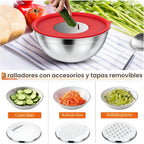Juego de cuencos de acero inoxidable con tapas y 3 accesorios para rallar
