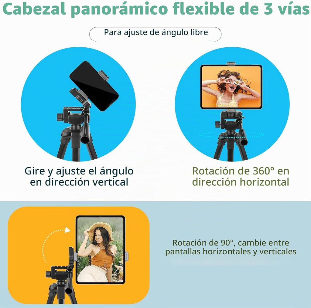 Aureday - Soporte para trípode de teléfono, trípode extensible de 64" para celular y cámara con control remoto inalámbrico y soporte para teléfono, trípode de aluminio para iPad para grabación de