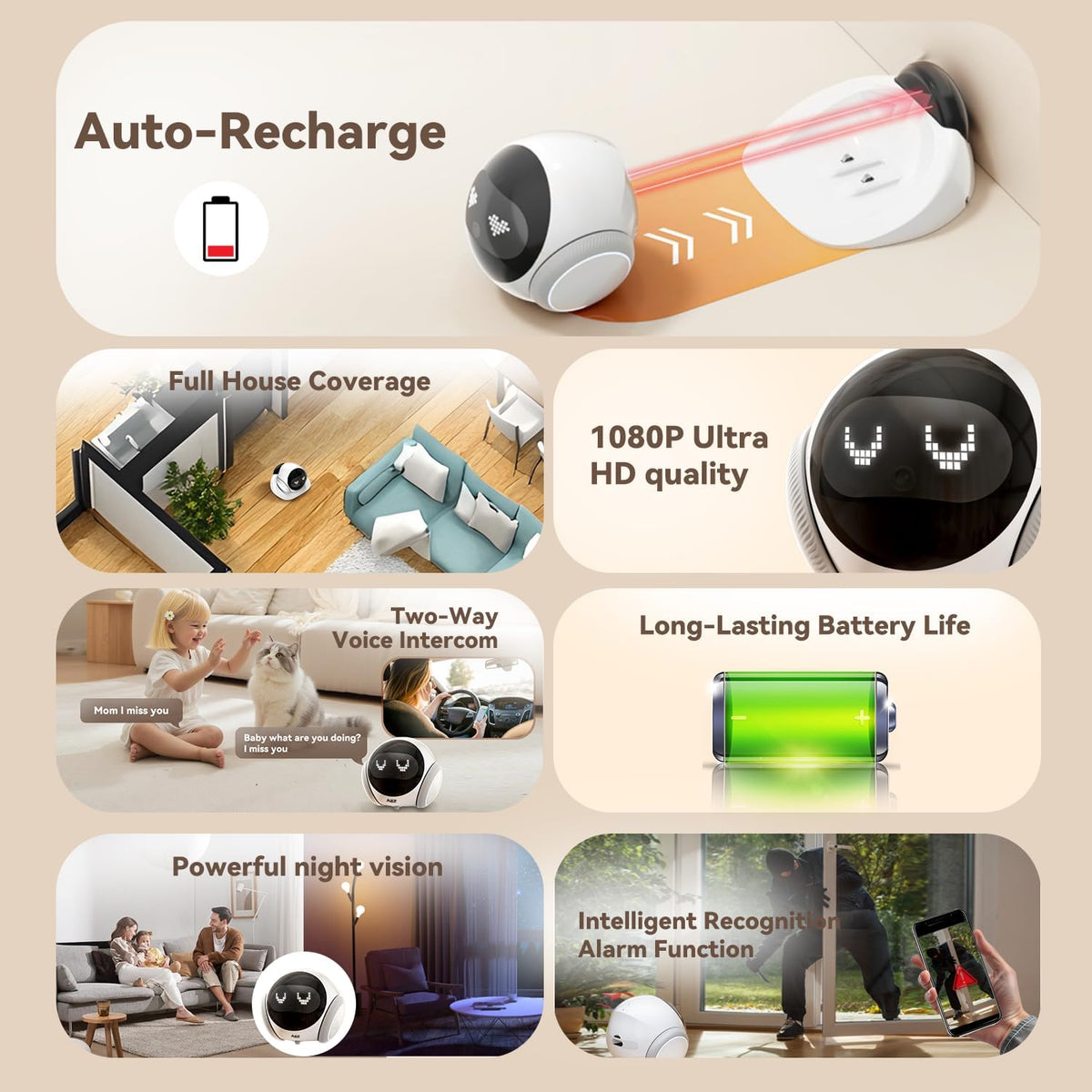 AEZ Cámara para mascotas 1080P HD lente gato/perro, robot de cámara movible para interiores con recarga automática, audio de 2 vías, robot parpadeante con visión nocturna, control inteligente de