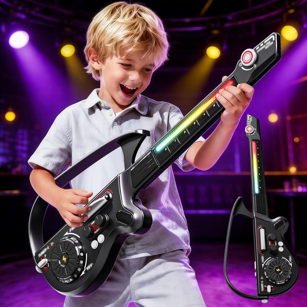 Guitarra eléctrica multifuncional de 27.6 pulgadas para niños, instrumento musical recargable 4 en 1 con luz LED, Bluetooth, mezclador de DJ, negro