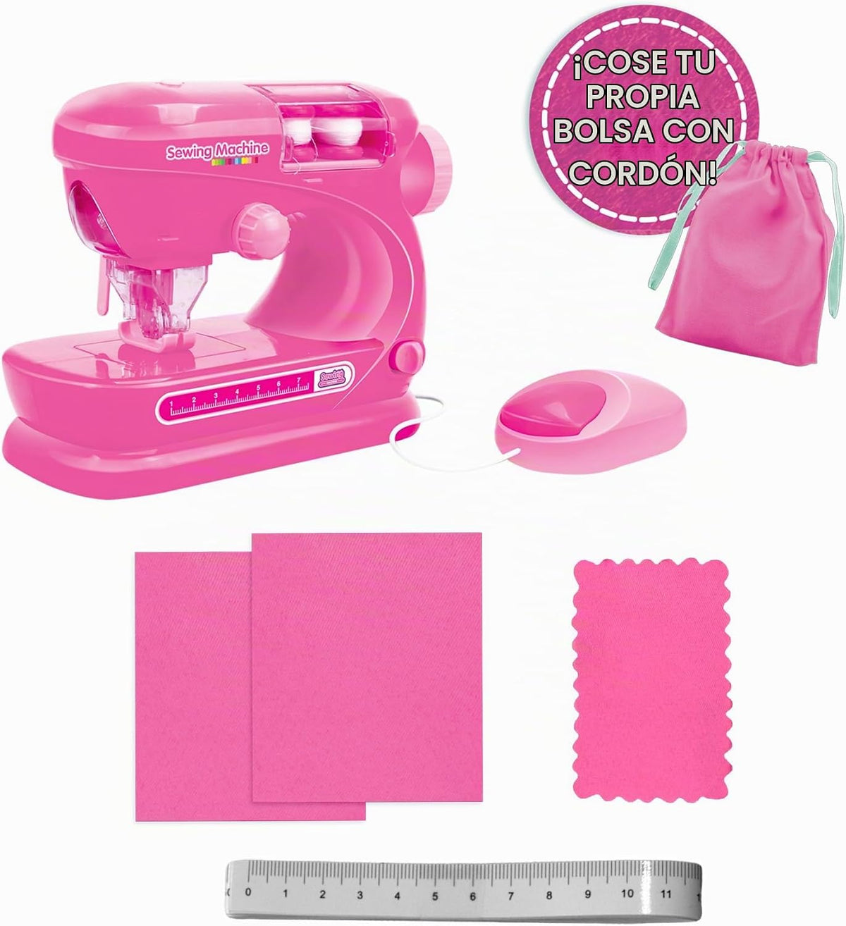 Anker Play 500659/DOM - Máquina de coser para niños con regla y aguja, 6 piezas, color rosa