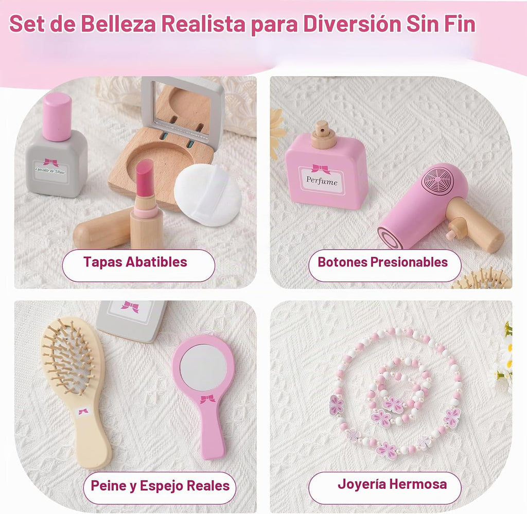 Juego de 19 juguetes de maquillaje de madera para niños pequeños, juegos de simulación para niños, juguetes de rol para niños, juguetes de salón de cosméticos falsos