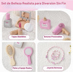 Juego de 19 juguetes de maquillaje de madera para niños pequeños, juegos de simulación para niños, juguetes de rol para niños, juguetes de salón de cosméticos falsos