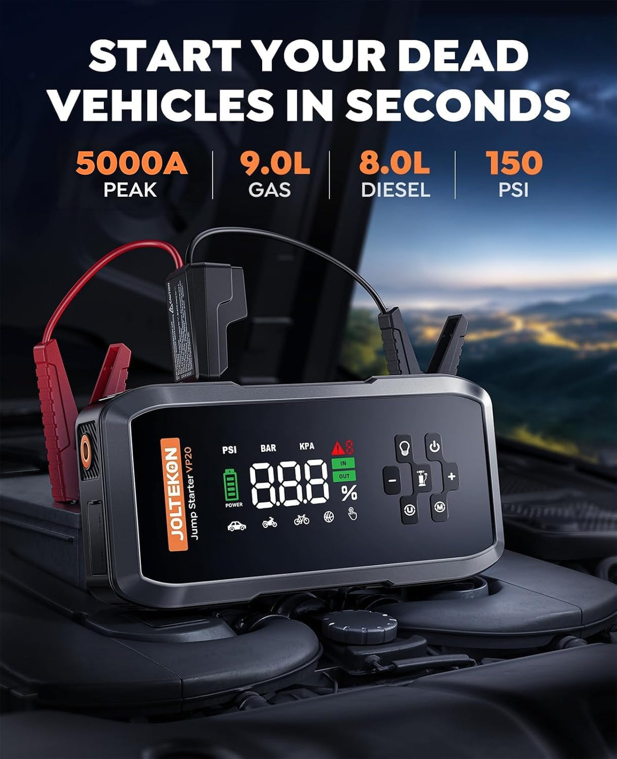 Arrancador de batería de coche con compresor de aire, potente batería de 5000 A arrancador portátil con bomba de pausa automática de 150 PSI, caja de salto de 12 V para batería de automóvil con