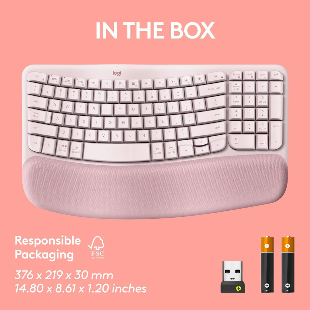 Logitech Wave Keys - Teclado inalámbrico ergonómico con reposamuñec...