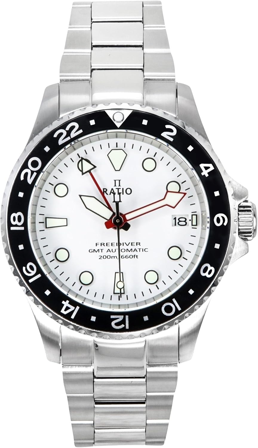 RATIO FreeDiver Reloj de Buceo Reloj Automático para Hombres, Bisel Giratorio GMT, Cristal de Zafiro, Resistente al Agua 200M, Reloj de Buceo