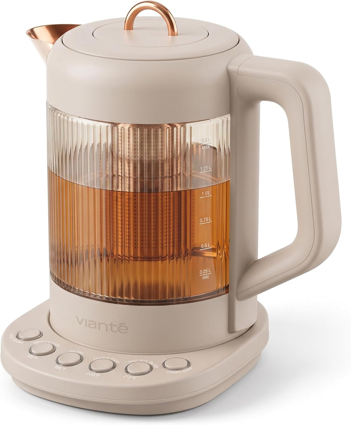 Viante Nina - Tetera eléctrica con infusor, sin plástico en contacto con el agua, vidrio de borosilicato de 1.5L, acero inoxidable 304, 4 preajustes de temperatura, mantiene el calor, inalámbrico