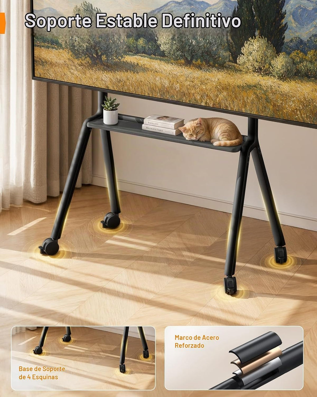 Lámpara Perlegear Soporte de TV rodante para televisores de 42 a 90 pulgadas de hasta 220 libras, soporte de TV resistente de cuatro patas con ruedas bloqueables, carrito de TV móvil de altura ajustable para