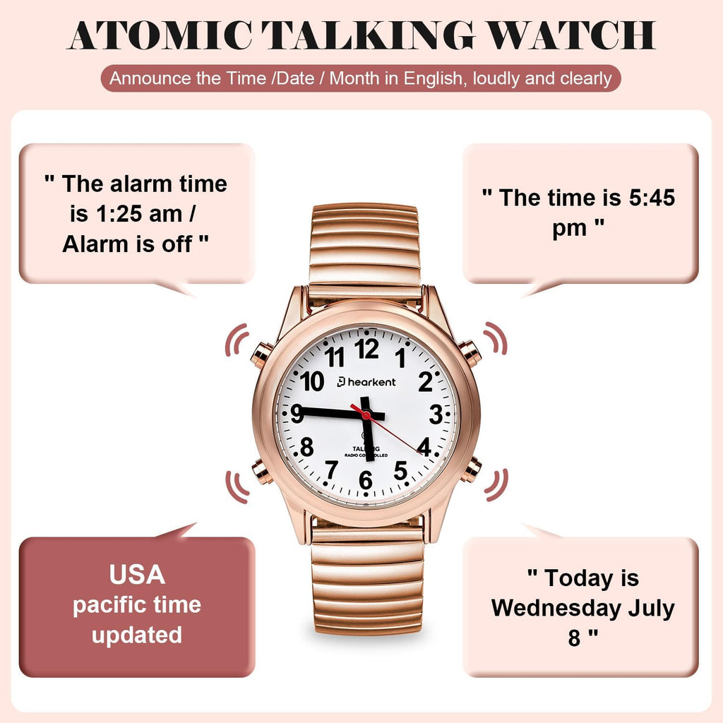 Hearkent El reloj parlante inglés americano atómico habla hora clara y fuerte, la banda elástica de fecha y hora de alarma es el mejor regalo para personas mayores, con discapacidad visual o personas