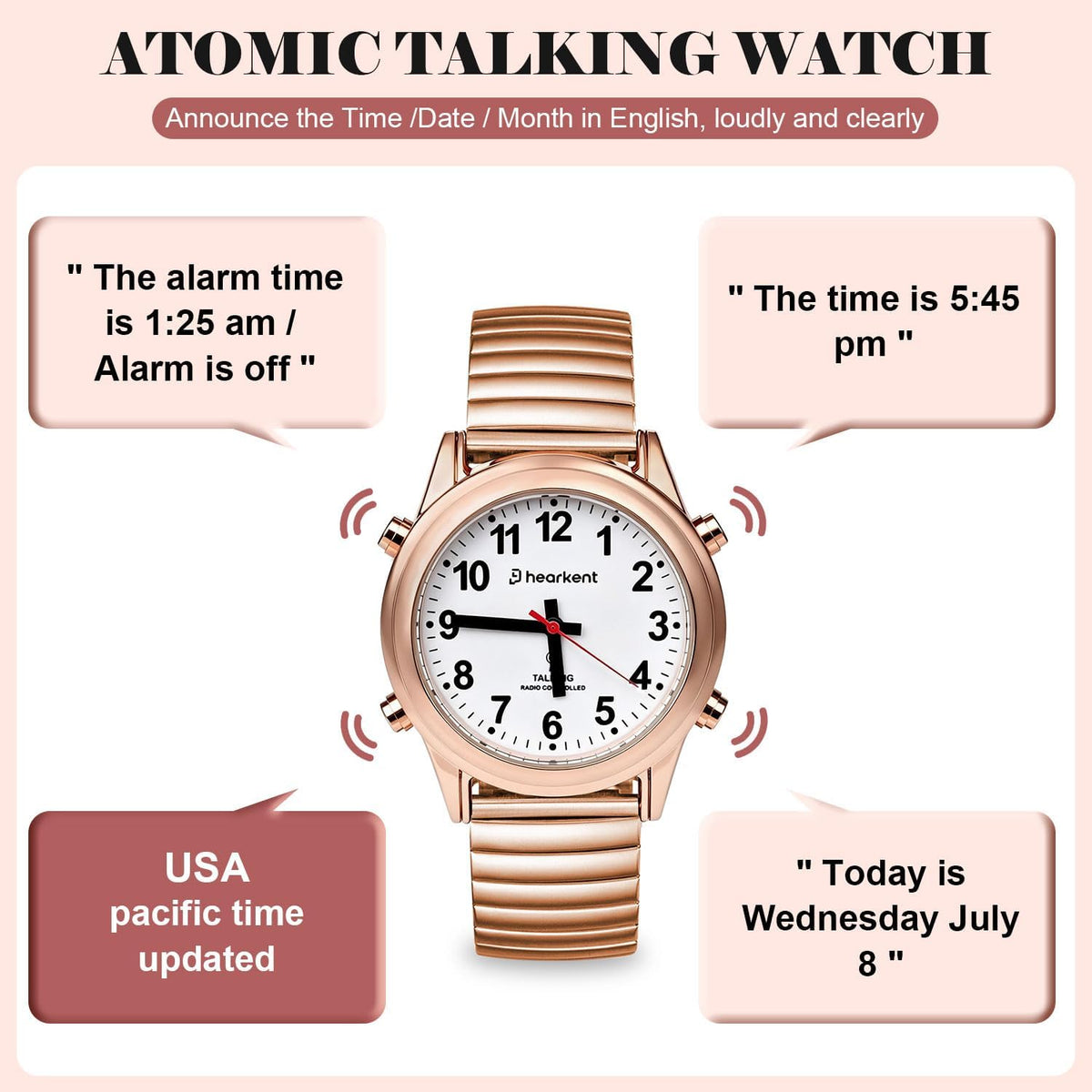 Hearkent El reloj parlante inglés americano atómico habla hora clara y fuerte, la banda elástica de fecha y hora de alarma es el mejor regalo para personas mayores, con discapacidad visual o personas