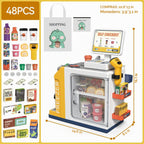 Juego de caja registradora para niños – 48 piezas de dinero de simulación, calculadora, escáner, tarjeta de crédito y comida de juego para niños y niñas a partir de 3 años (668-125)