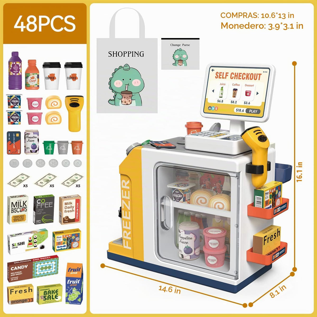 Juego de caja registradora para niños – 48 piezas de dinero de simulación, calculadora, escáner, tarjeta de crédito y comida de juego para niños y niñas a partir de 3 años (668-125)
