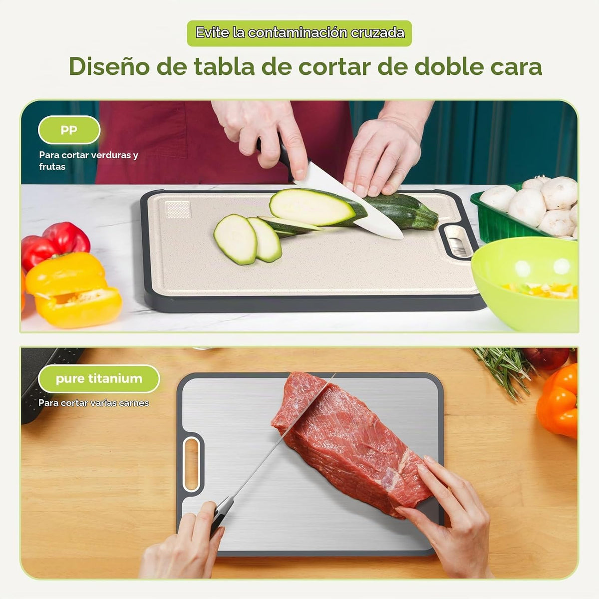 Tabla de cortar de titanio, titanio puro/polipropileno de doble cara de grado alimenticio, tabla de cortar para cocina, fácil de limpiar, tamaño grande [18 x 12.5 + 15.5 x 10.5 + 12 x 8.5 pulgadas]