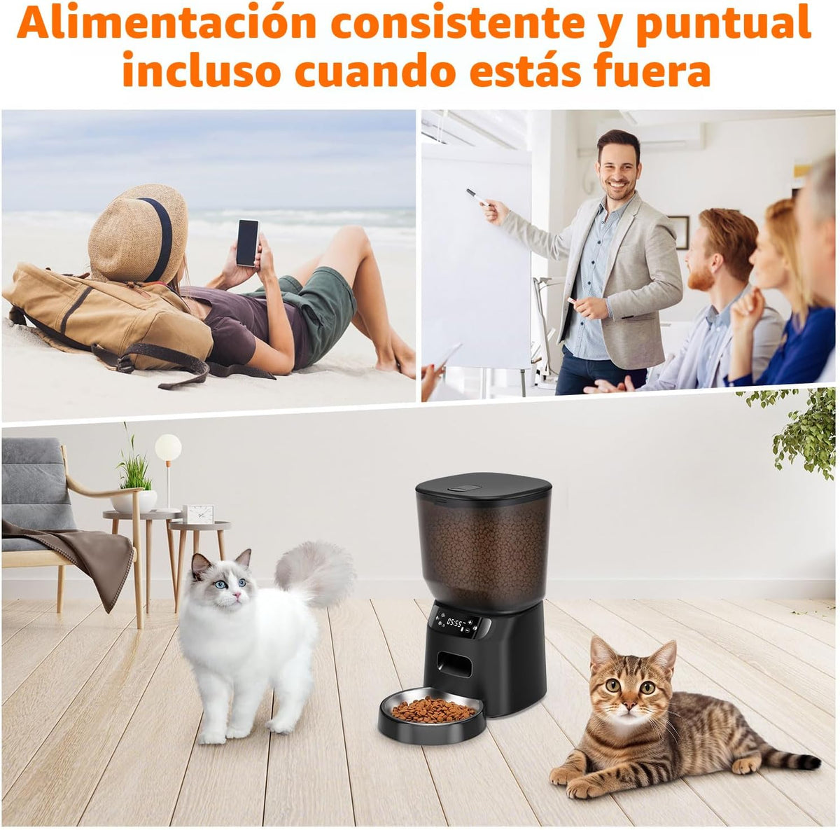 Comederos automáticos para gatos para dos gatos, dispensador automático doble de comida para gatos de 5 litros/20 tazas con 2 cuencos inoxidables, ajuste de temporizador, 20 porciones, 6 comidas por