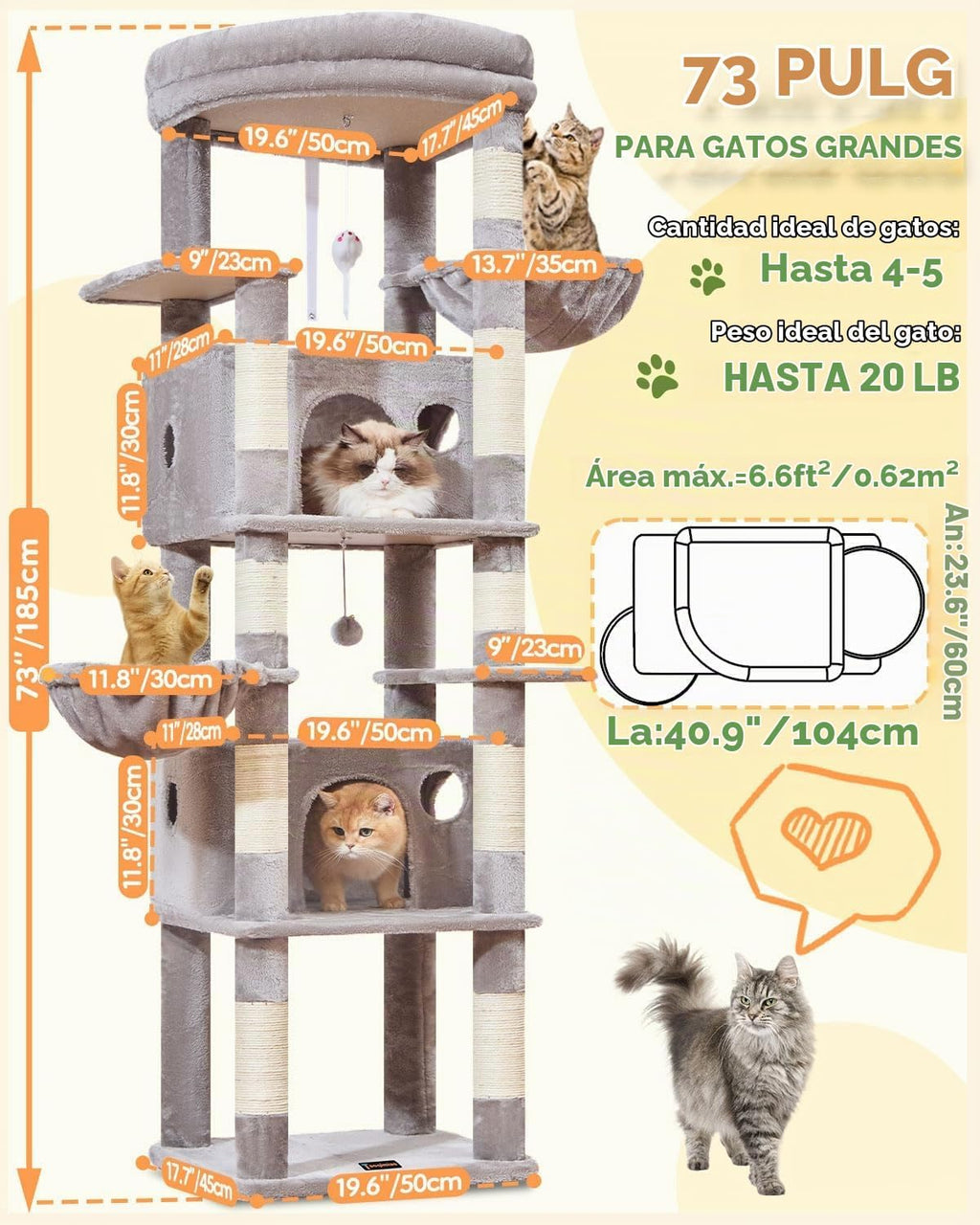 Taoqimiao Árbol para gatos resistente, torre de gato resistente de 73