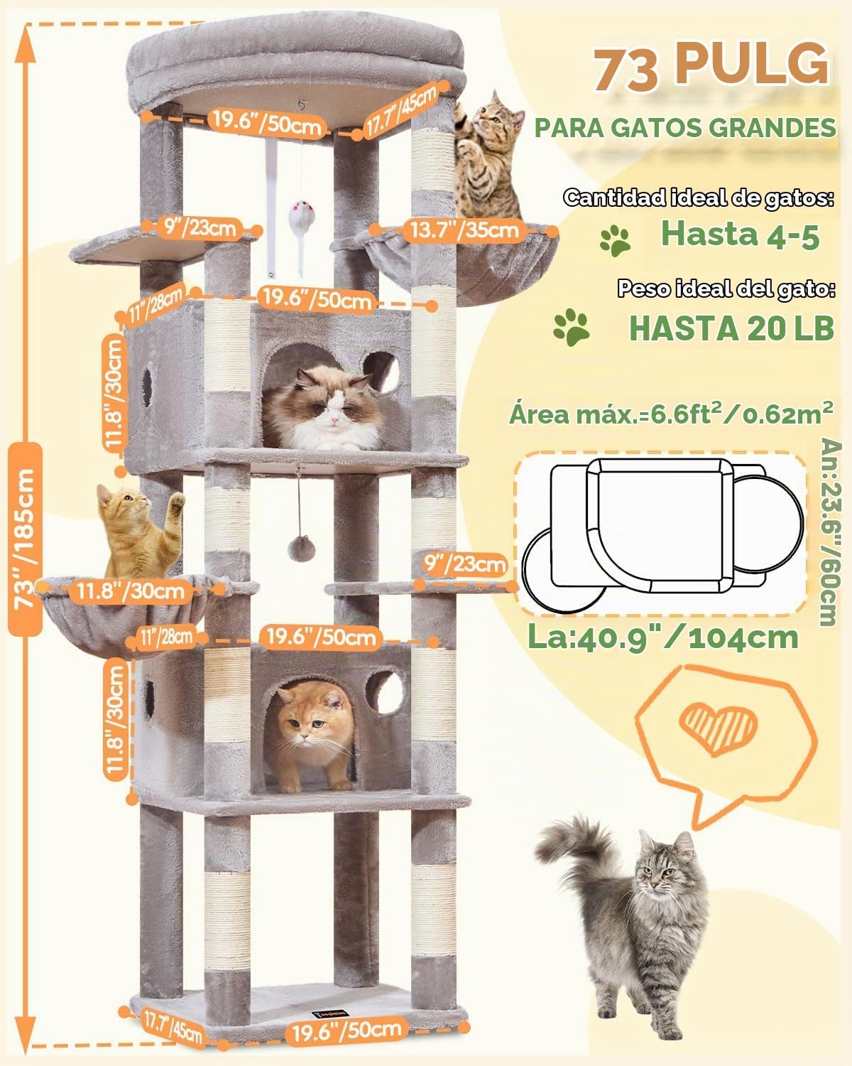 Taoqimiao Árbol para gatos resistente, torre de gato resistente de 73