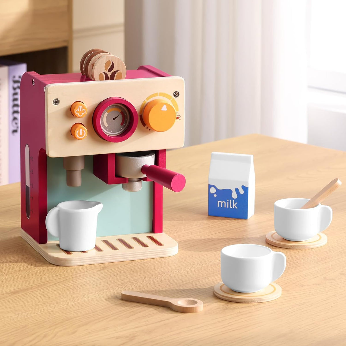 GAGAKU Máquina de café de madera para niños pequeños, juguetes de aprendizaje Montessori para niñas y niños de 3, 4, 5 años, accesorios de cocina realistas con máquina de café expreso y juego de arte con leche