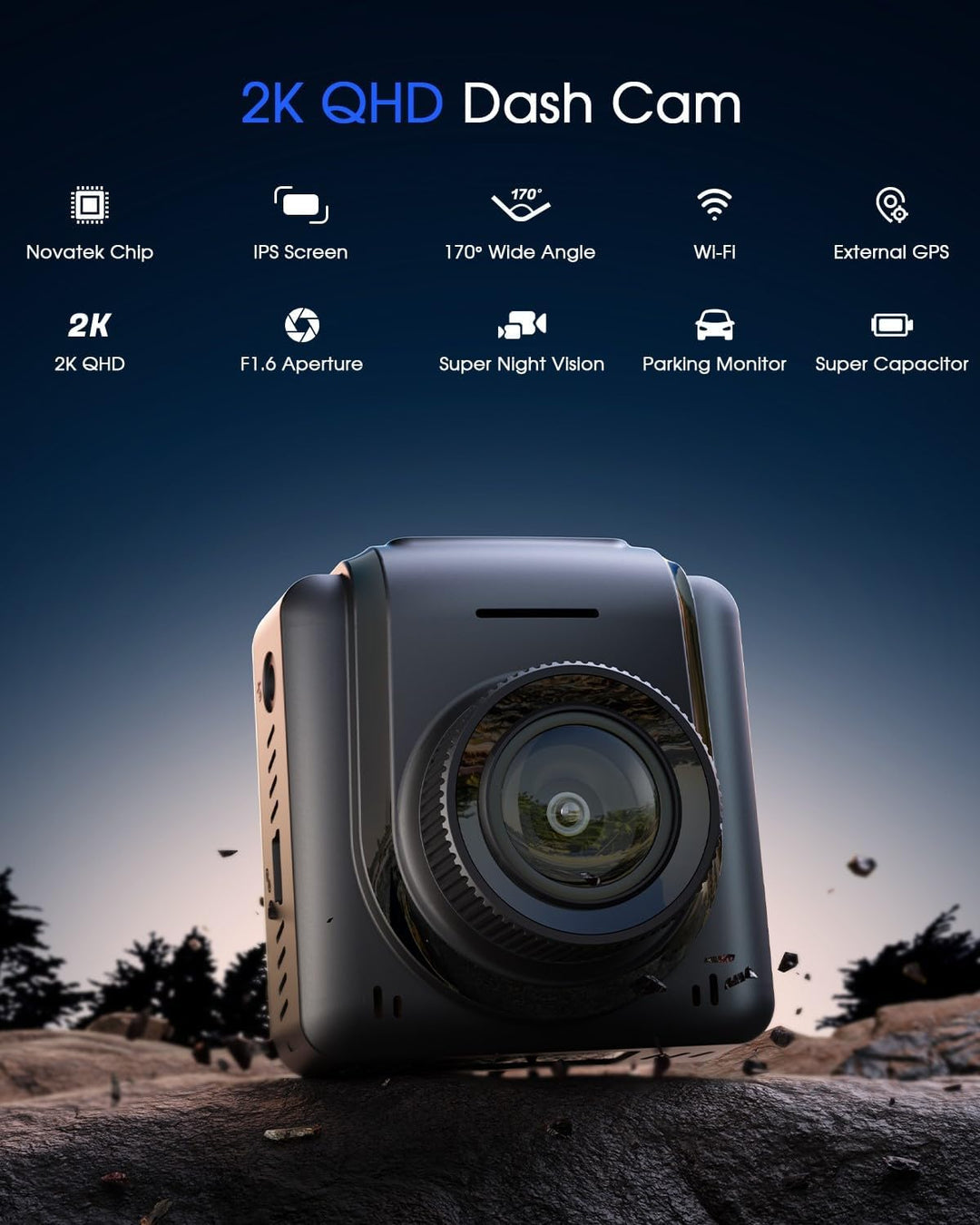 Dash Cam WiFi 2K cámara de coche con aplicación GPS