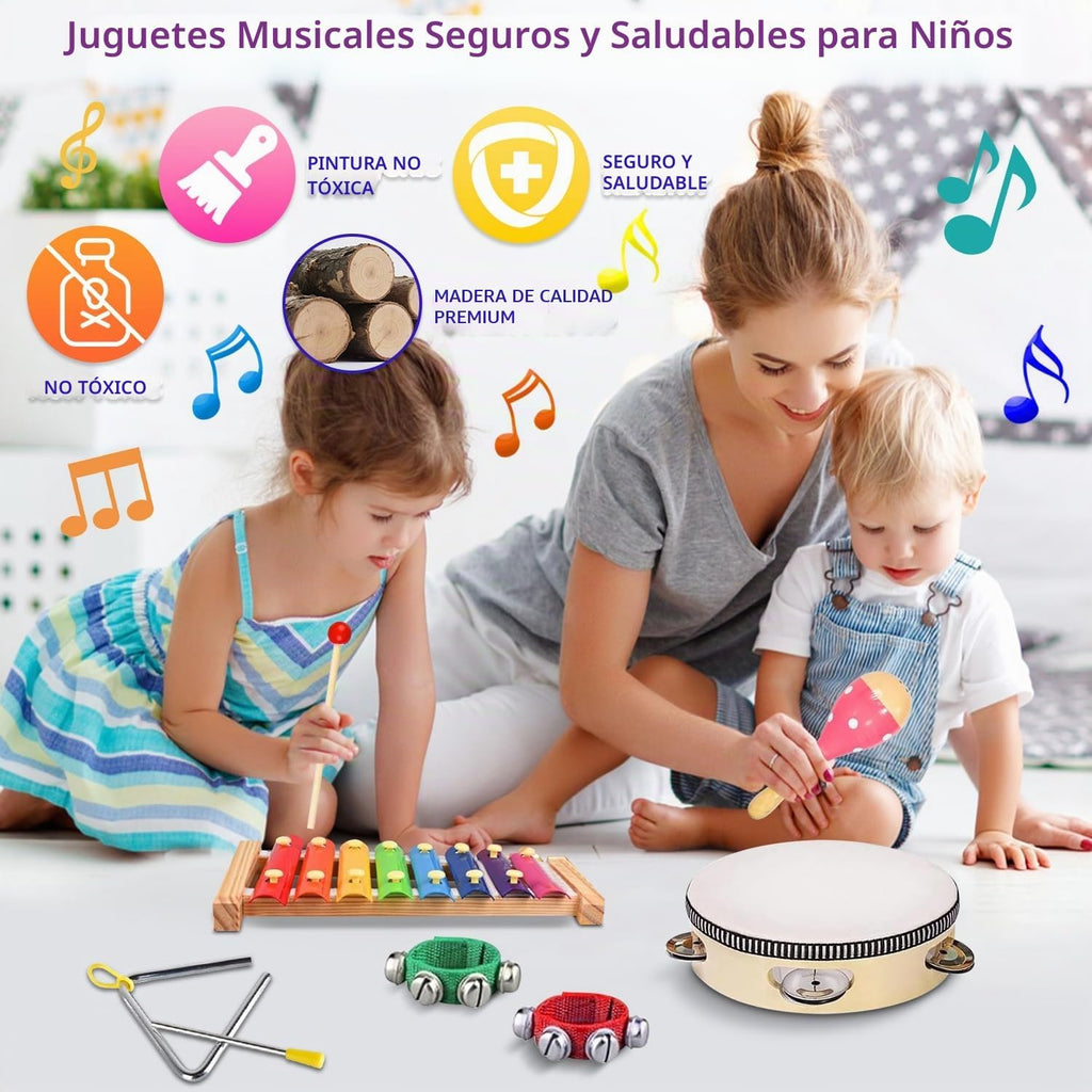Instrumentos musicales para niños, instrumentos de percusión de madera, pandereta, juguetes de xilófono, educación preescolar, juguete musical de aprendizaje temprano para niños y niñas de 2