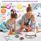 Instrumentos musicales para niños, instrumentos de percusión de madera, pandereta, juguetes de xilófono, educación preescolar, juguete musical de aprendizaje temprano para niños y niñas de 2