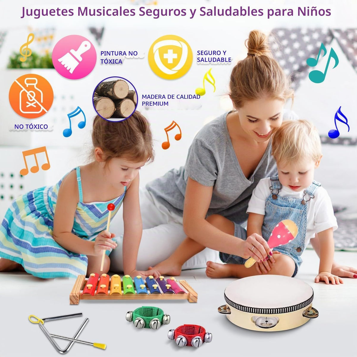 Instrumentos musicales para niños, instrumentos de percusión de madera, pandereta, juguetes de xilófono, educación preescolar, juguete musical de aprendizaje temprano para niños y niñas de 2