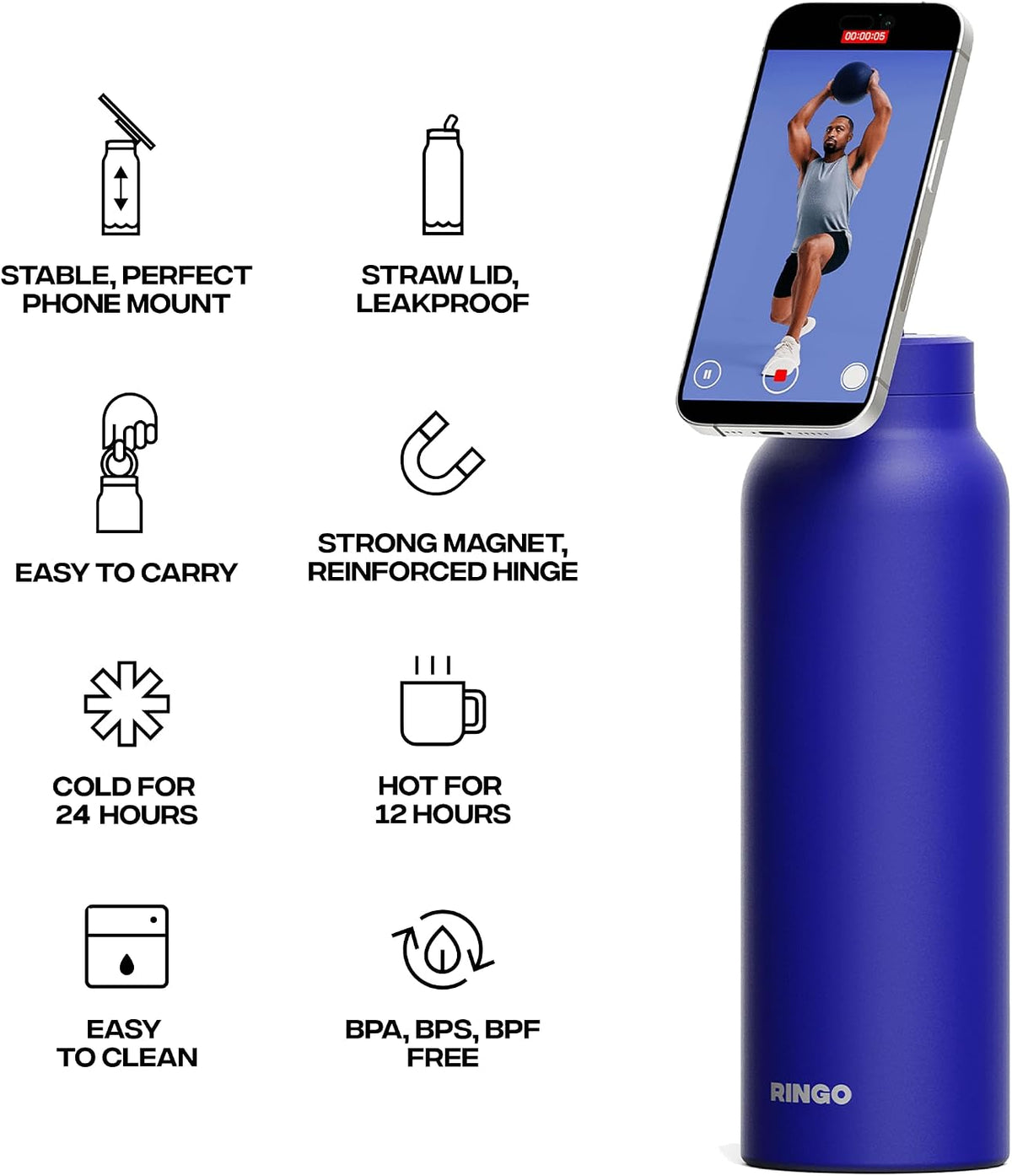 RINGO Pro Botella de agua aislada, soporte magnético para trípode para teléfono, azul, 24 onzas