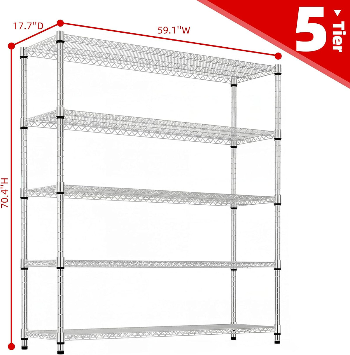 M MZG Estantes de almacenamiento de 5 niveles con carga de 3300 libras, estantes de metal de alambre de metal para almacenamiento, estantes ajustables de garaje para despensa, cocina, garaje, luz