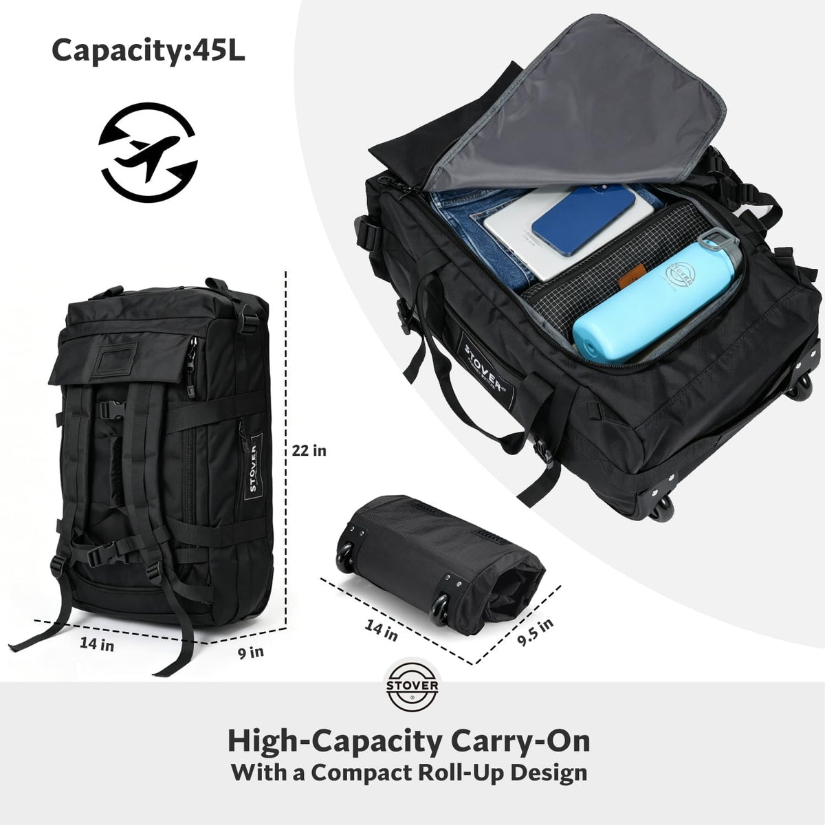 Bolsa de lona con ruedas de 45/80/100L, grande, duradera, con neceser, resistente, plegable con correas para el hombro, uso como equipaje o mochila, hombres y mujeres, U-Zip Negro, 45 l, Bolsa