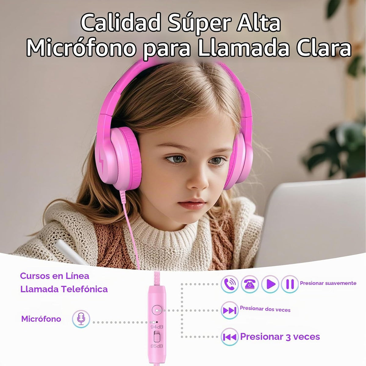 Candy Bila Auriculares con Cable para Niños, Diaódulos para Escuela, Circunaurales para Niños y Niñas