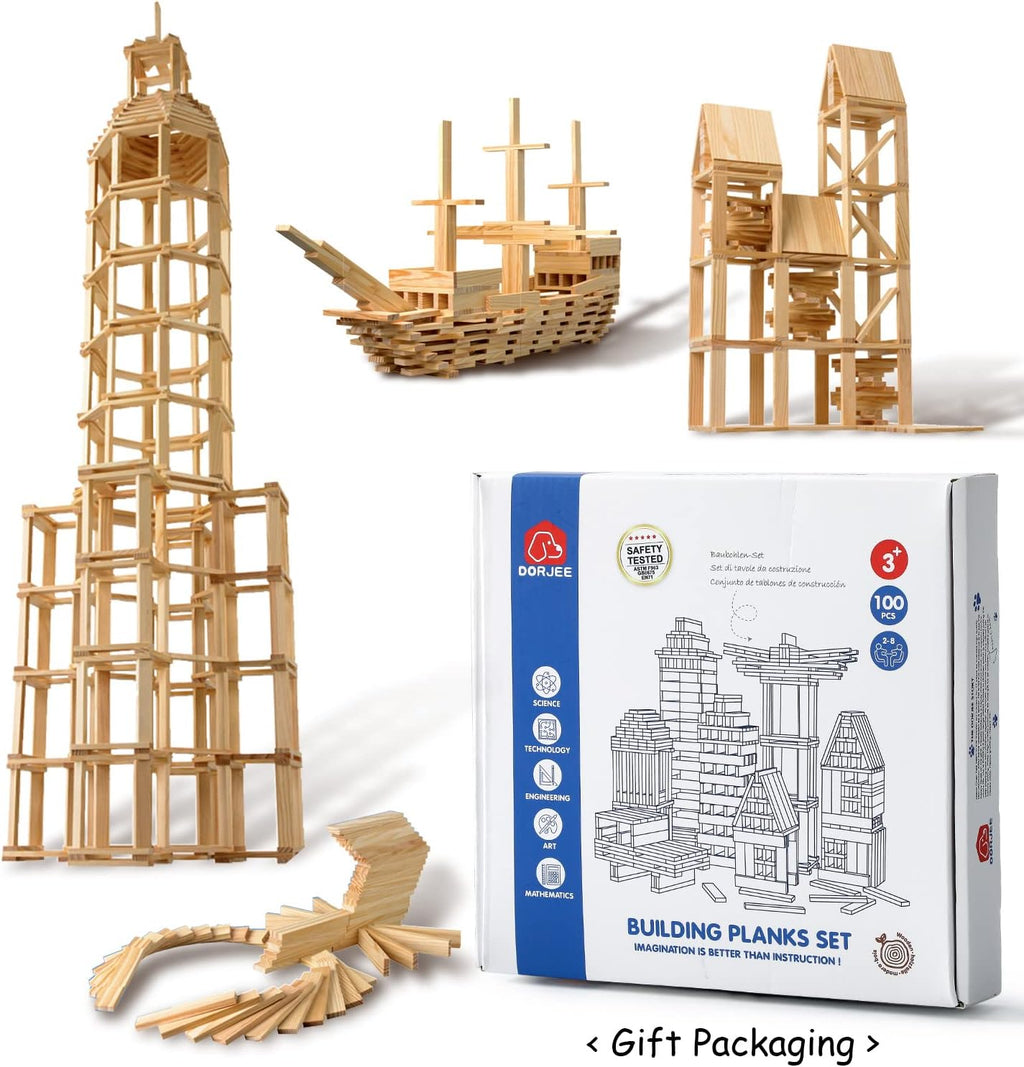 Juego de 100 piezas de bloques de construcción clásicos de madera, juguetes de construcción STEM sólidos para niños, juguetes Montessori de aprendizaje preescolar para niños pequeños, regalo