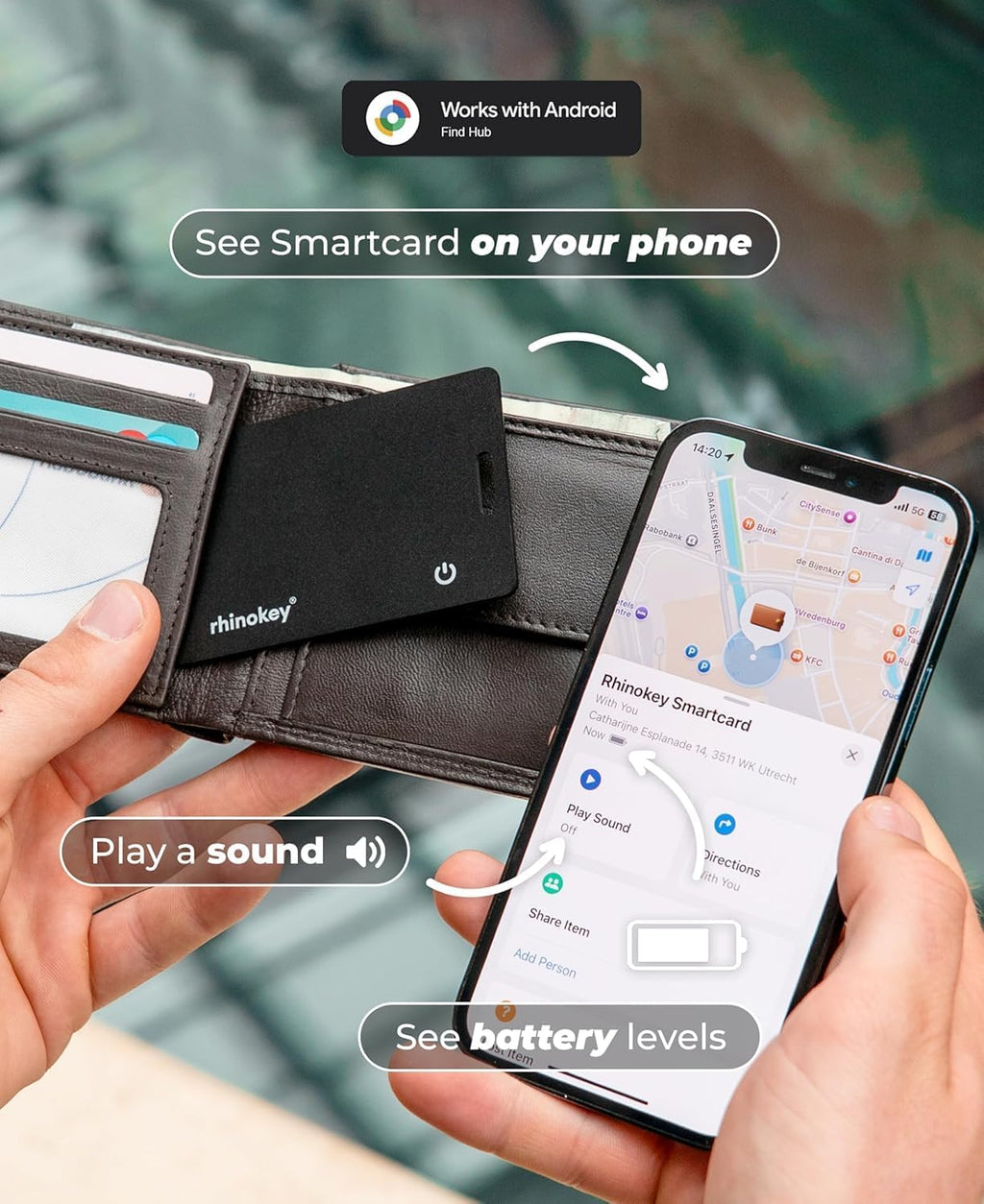 Rhinokey® Tarjeta de seguimiento de billetera Android funciona con Google