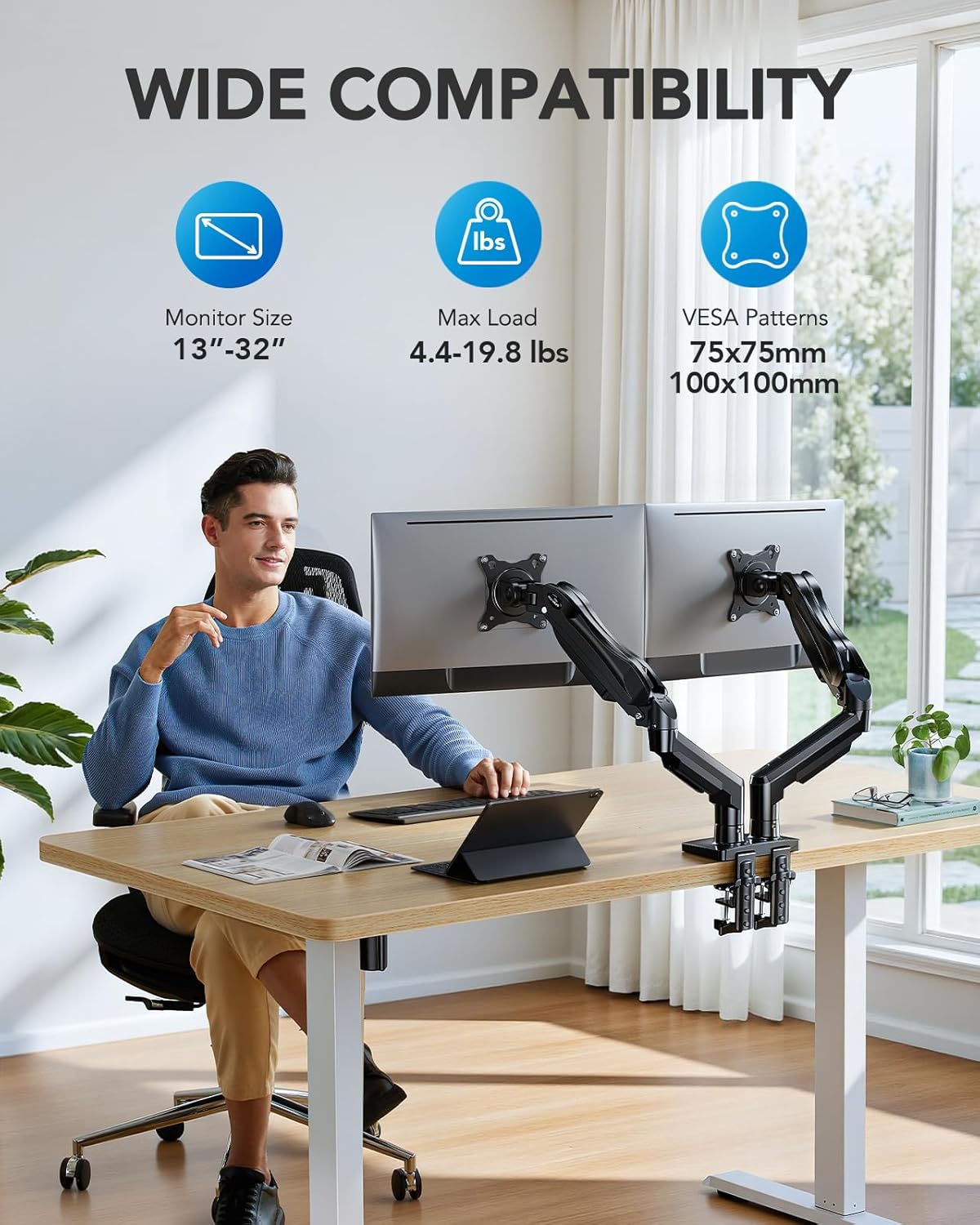 HUANUO FlowLift™ Soporte para monitor doble, soporte de escritorio para monitor de juegos totalmente ajustable para pantallas de computadora de 13 a 32 pulgadas, VESA de movimiento completo de 75 x 75/100 x 100 con abrazadera en C y base de ojales, cada b