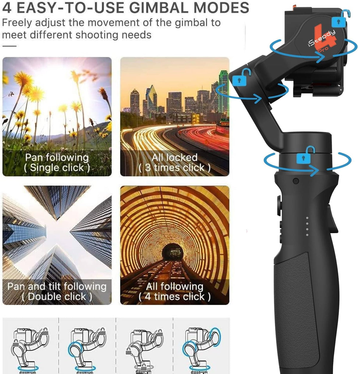 Hohem iSteady Pro 4 Estabilizador de cardán de acción de 3 ejes para GoPro 13/12/11/10/9/8/7/6/5, para DJI Osmo Action y otras cámaras de acción, Bluetooth y control de cable, a prueba de salpicaduras