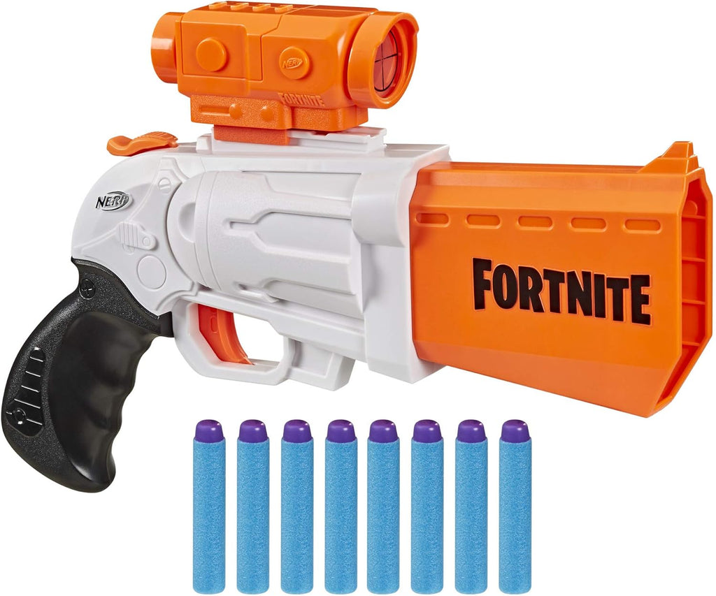 Nerf Fortnite SR Blaster - Acción de martillo de 4 dardos - Incluye alcance extraíble y 8 dardos oficiales Nerf Elite - para jóvenes, adolescentes y adultos