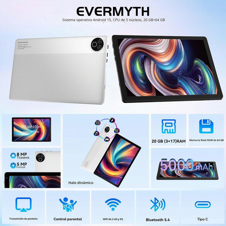 Tablet Android 15 de 10 pulgadas, 20 GB de RAM 64 GB ROM 1 TB expan...