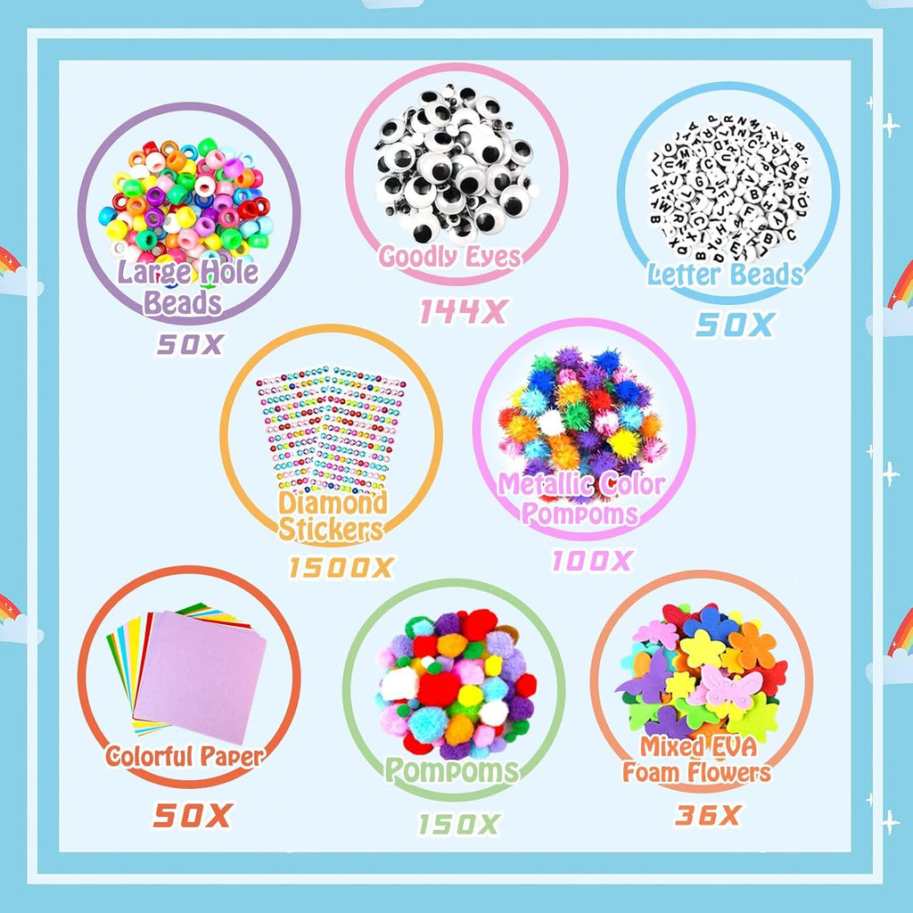 3000 piezas de suministros de arte y manualidades para niños, kits de manualidades con limpiapipas, suministros de manualidades, todo en caja de manualidades de 3 capas, manualidades DIY para niños de