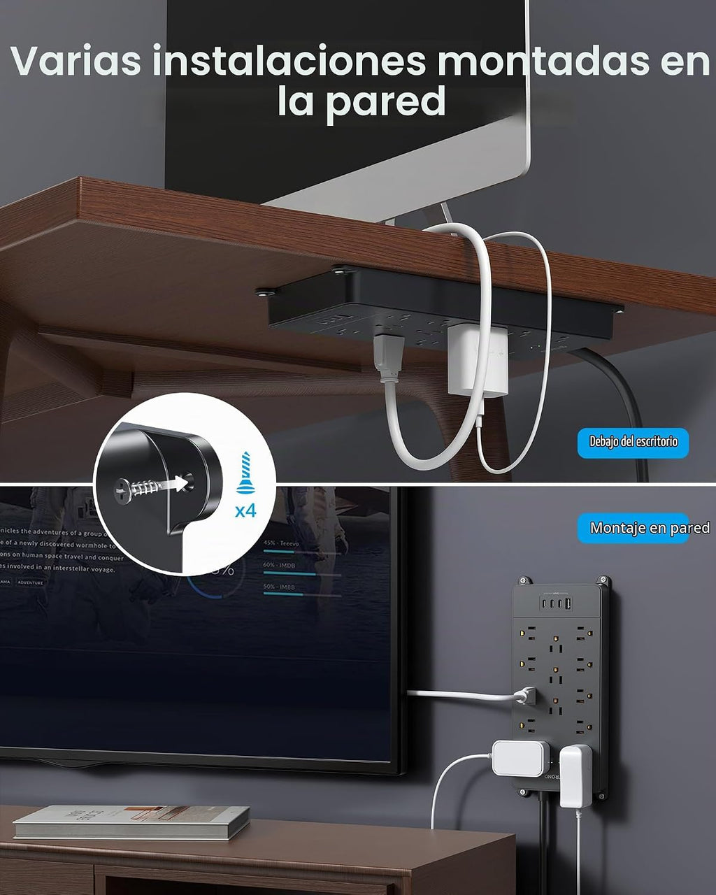TROND Regleta de alimentación con protector de sobretensiones, 4000 julios, certificación ETL, 13 tomas de expansión ampliamente espaciadas con puertos USB C, enchufe plano de perfil bajo, montaje en