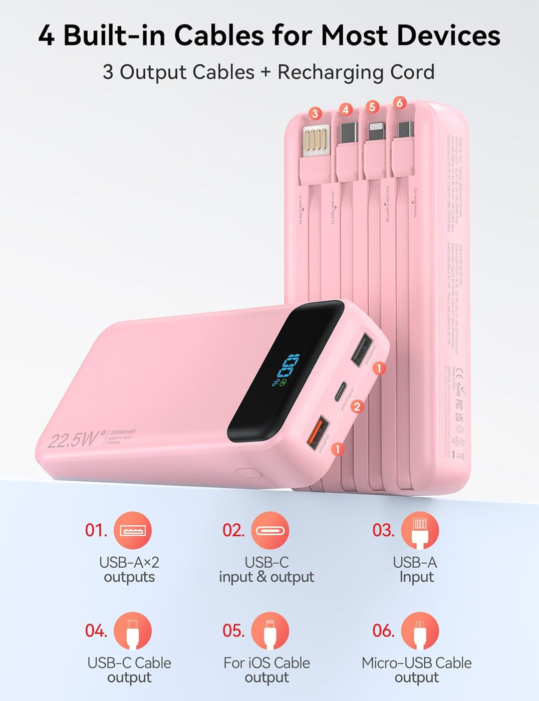 Nusyddy Cargador portátil de 20000 mAh integrado con 4 cables, bate...