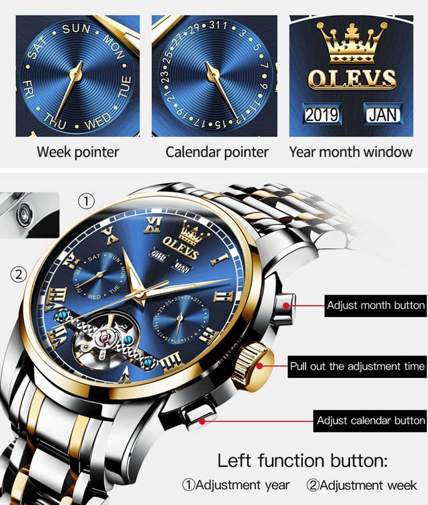 OLEVS Reloj automático para hombre, cuerda automática, mecánica, de lujo, de acero inoxidable, multicalendario, impermeable, luminoso, reloj de pulsera