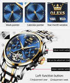 OLEVS Reloj automático para hombre, cuerda automática, mecánica, de lujo, de acero inoxidable, multicalendario, impermeable, luminoso, reloj de pulsera